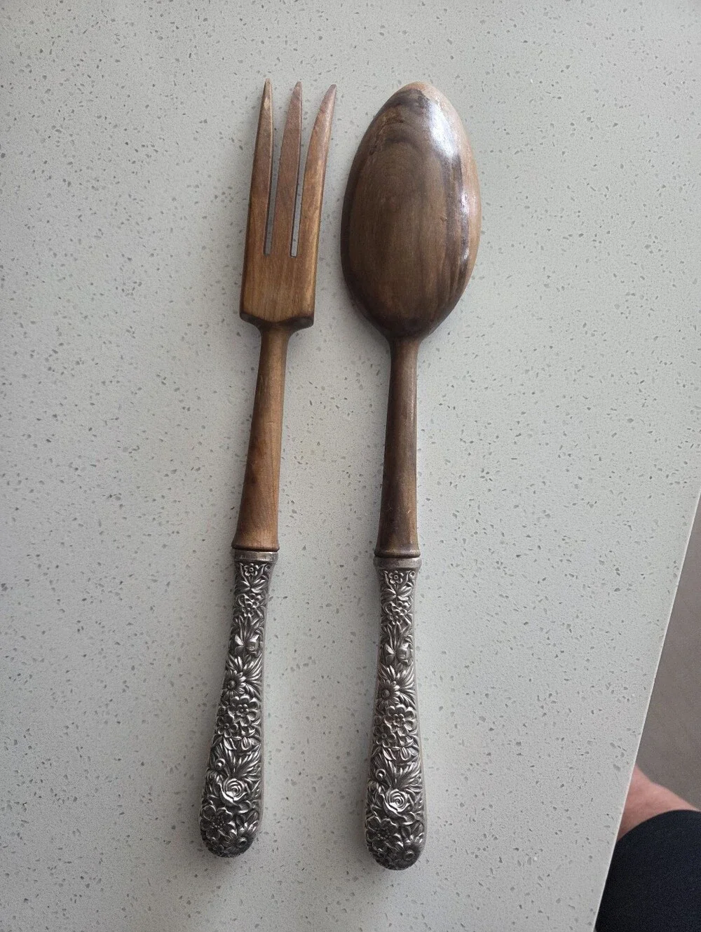 Wood and Embossed Sterling Silver-Handle Serving Fork and Spoon Set